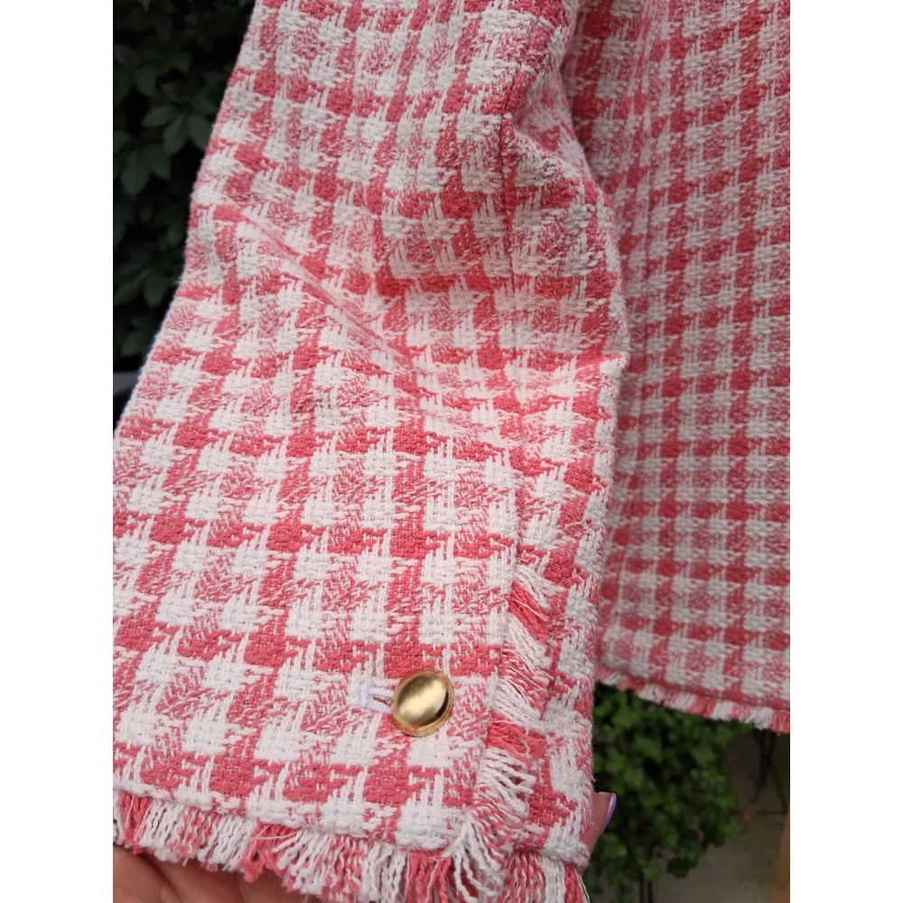 💐EUC TALBOTS Blazer Jacket Pink White Checkered Tweed Fringe Sz. 12 - Picture 7 of 14
